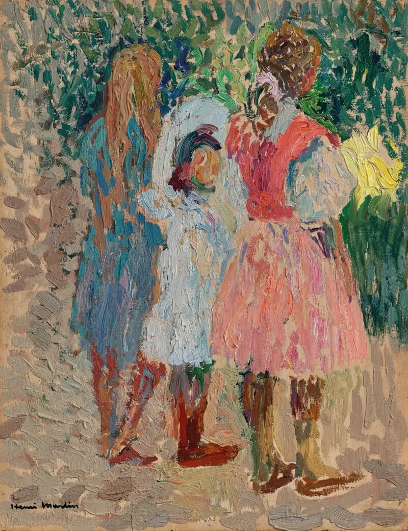 Tre små flickor i trädgården, en sommarmorgon av Henri Martin