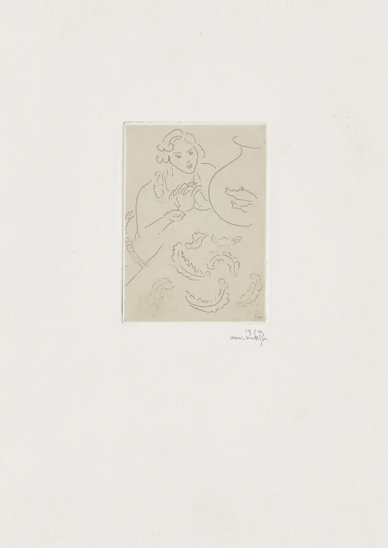 Figure mains jointes et nappe à décor persan av Henri Matisse