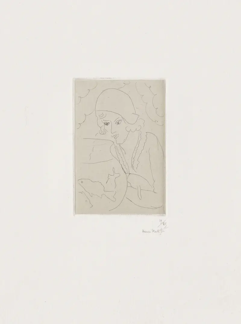 Jeune femme à la coiffure hollandaise, regardant des poissons av Henri Matisse