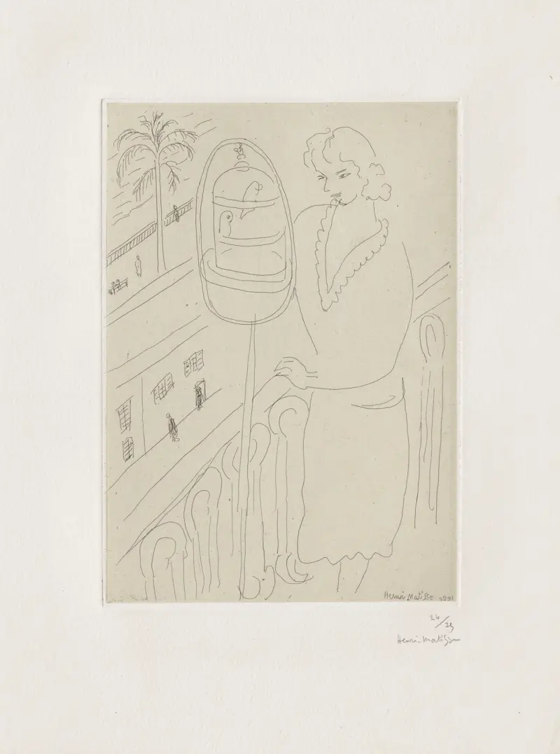 Jeune femme au balcon, observant ses perruches av Henri Matisse