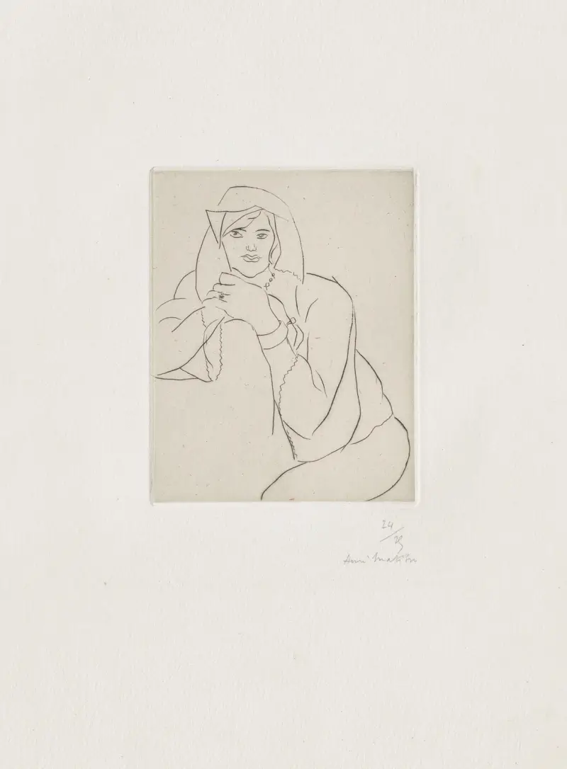 Jeune femme les mains jointes sur le dossier d’un meuble av Henri Matisse