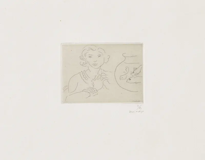 Junge Frau mit verschränkten Händen neben einem Fischglas von Henri Matisse