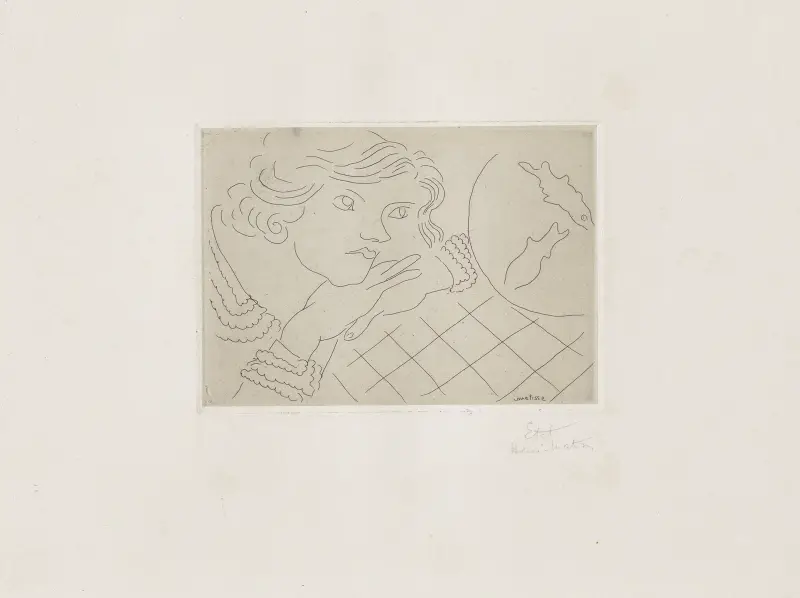 Jeune femme, poissons rouges et nappe à carreaux av Henri Matisse