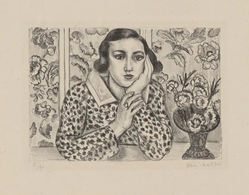 Jeune fille accoudée au paravent fleuri av Henri Matisse