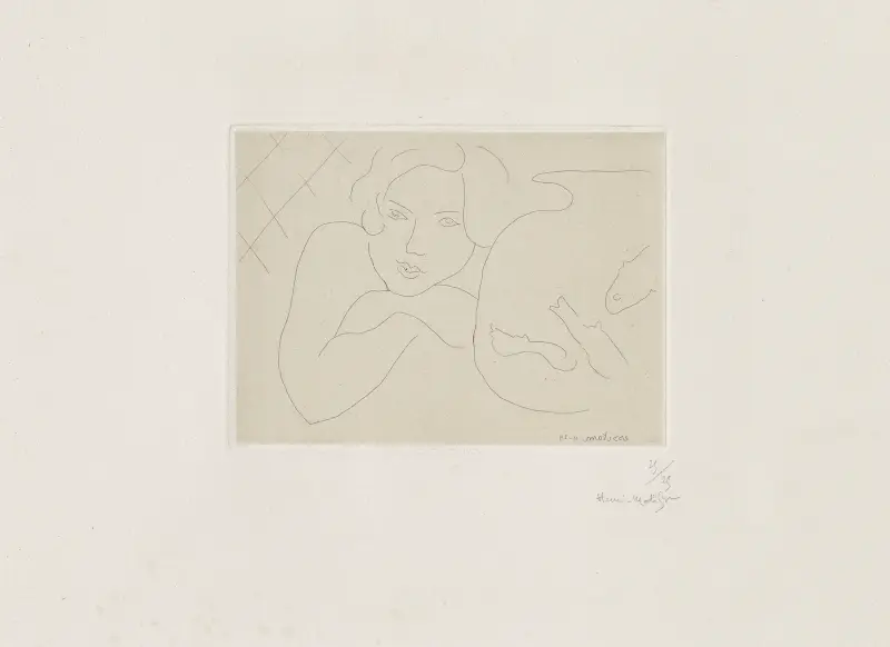 Jeune fille rêvant près d’un bocal de poissons av Henri Matisse