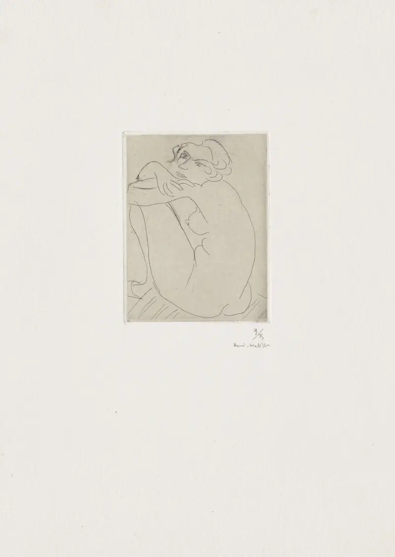 Nu accroupi sur banquette rayée av Henri Matisse