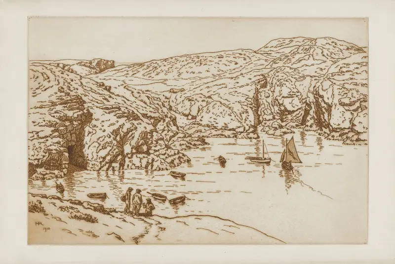 Båtar förtöjda vid klippans fot av Henri Rivière