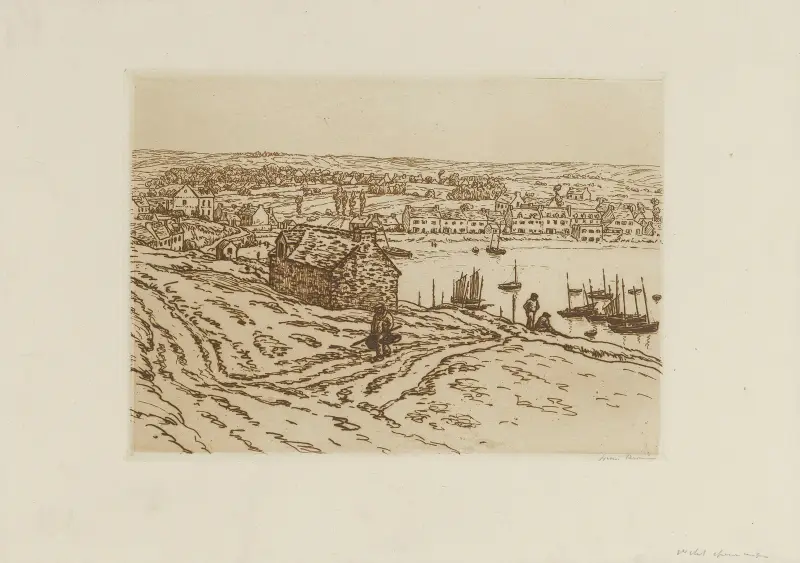 Liten bretagnsk hamn, fiskare och båtar av Henri Rivière