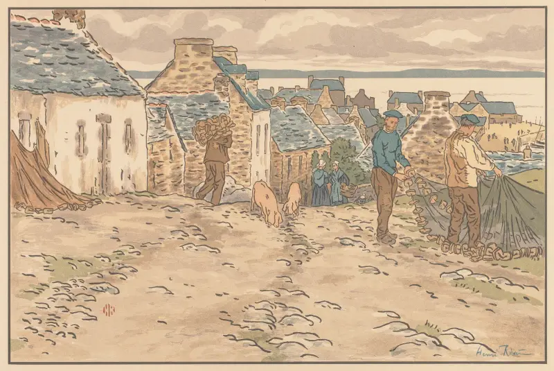 The Beautiful Countryside in Brittany; Street in Tréboul av Henri Rivière