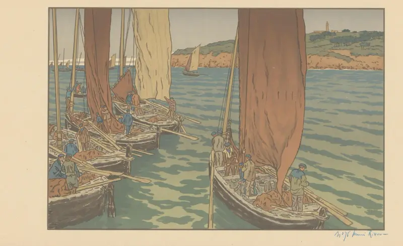 Vissersschepen varen uit Henri Rivière (eigenhandig gesigneerd) av Henri Rivière