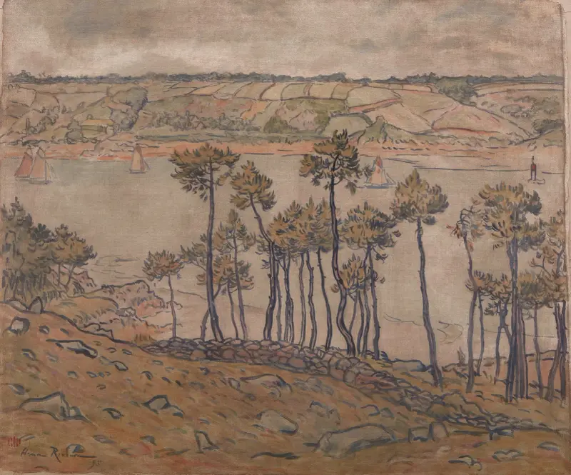 Utsikt över bukten med skogsdunge i förgrunden och landskap i bakgrunden, Le Trieux av Henri Rivière