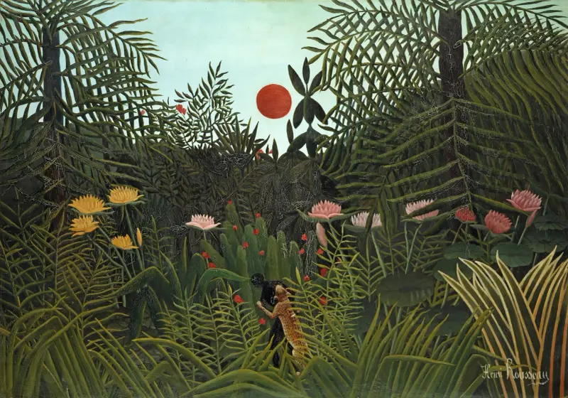 Dschungel mit untergehender Sonne von Henri Rousseau