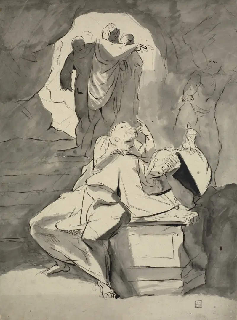 En man i förtvivlan vid en gravsten i en grotta med andra figurer av Henry Fuseli