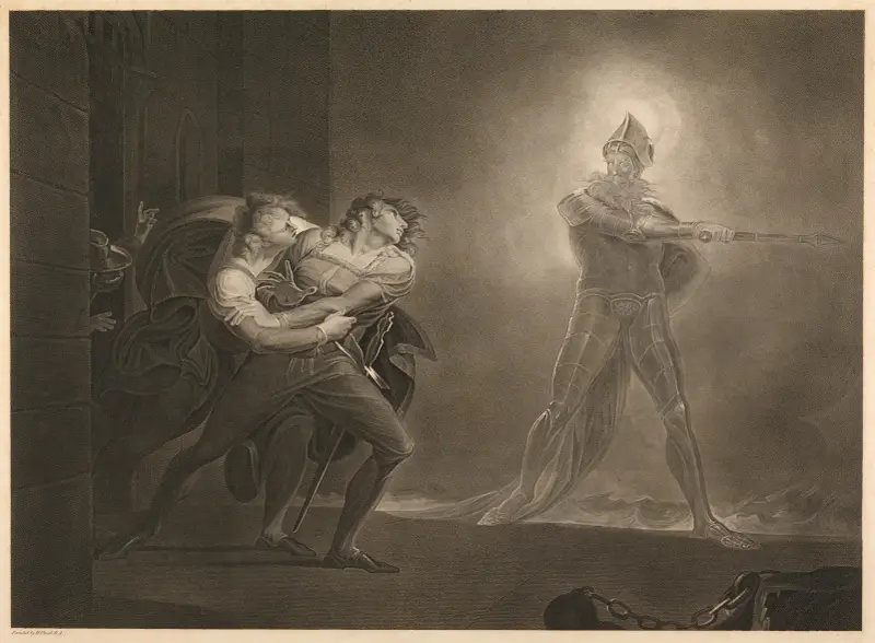 Hamlet, prins av Danmark; akt I, scen IV, plattformen framför slottet i Helsingör – Hamlet, Horatio, Marcellus och vålnaden av Henry Fuseli