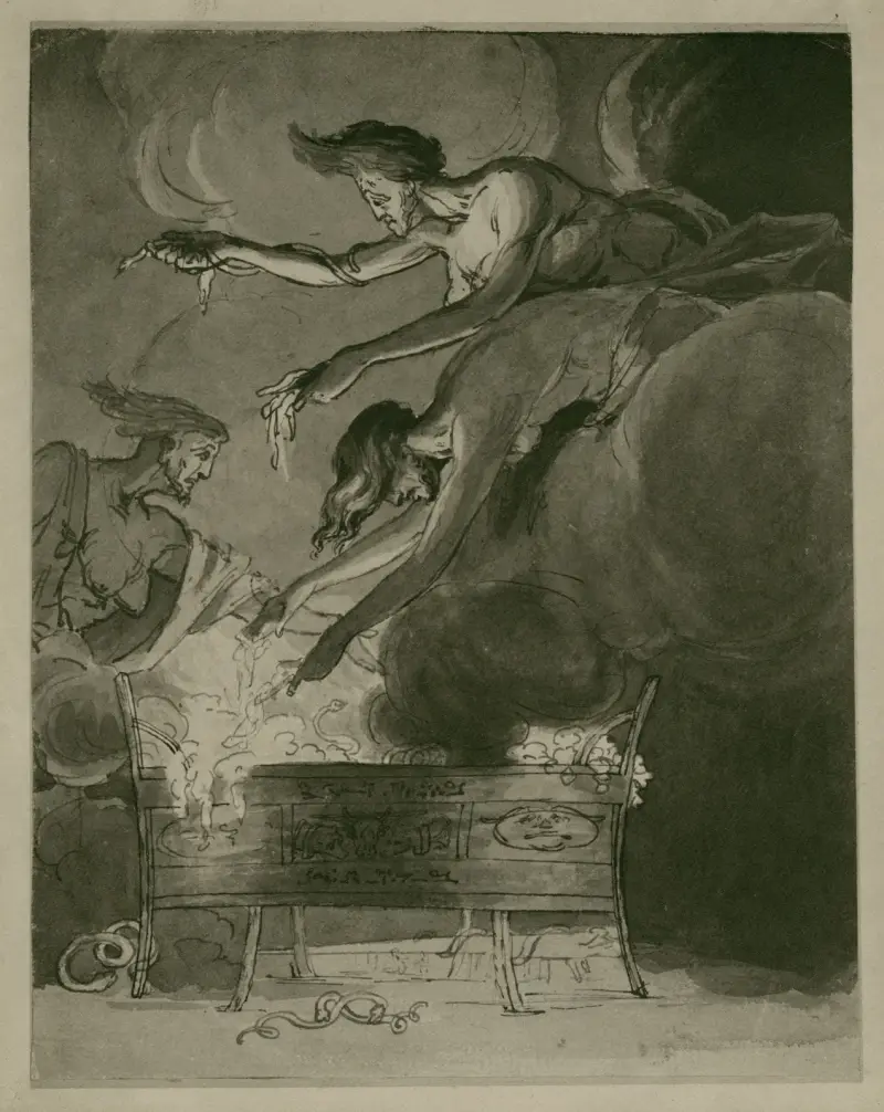 Macbeth, the three witches hovering over the cauldron in the cave av Henry Fuseli