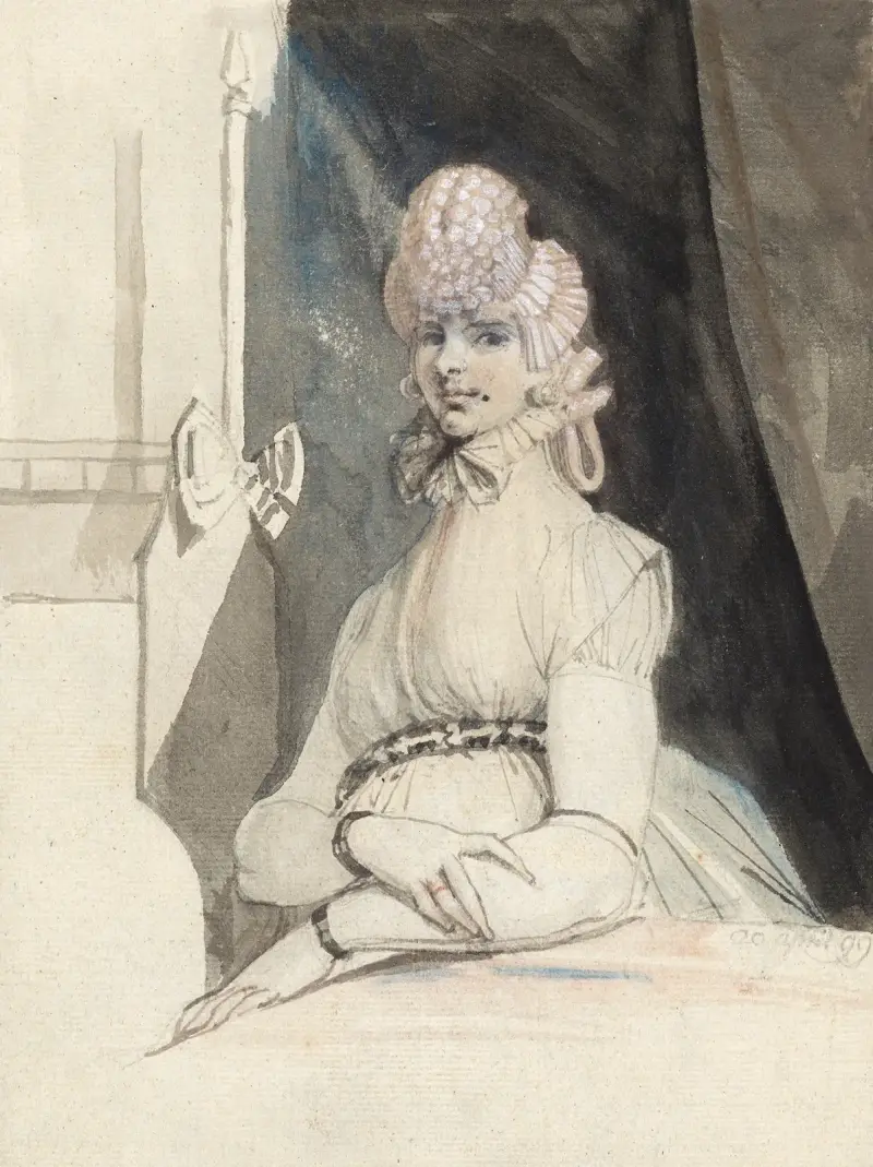 Mrs. Fuseli, an einem Tisch vor Nische mit Vorhang av Henry Fuseli