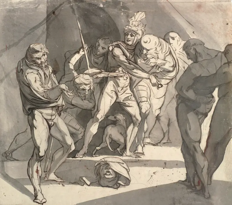 Richard Plantagenet kastar hertigen av Somersets avhuggna huvud för sin fars fötter. Illustration till Shakespeares Henrik VI, del 3, akt 1, rad 20 av Henry Fuseli