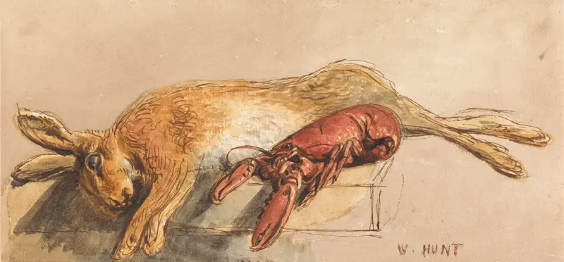 Ein toter Hase und ein gekochter Hummer auf einer Bank von William Henry Hunt
