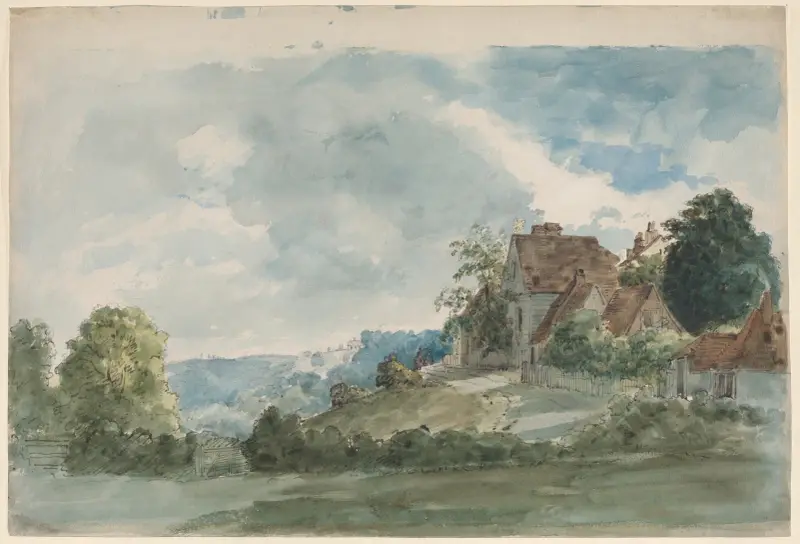Stugor i ett vidsträckt landskap av William Henry Hunt