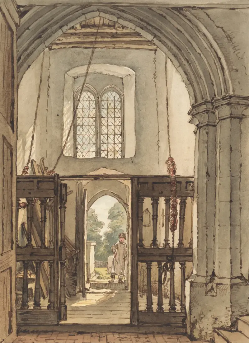 Interior of the Belfry, Bushey Church av William Henry Hunt