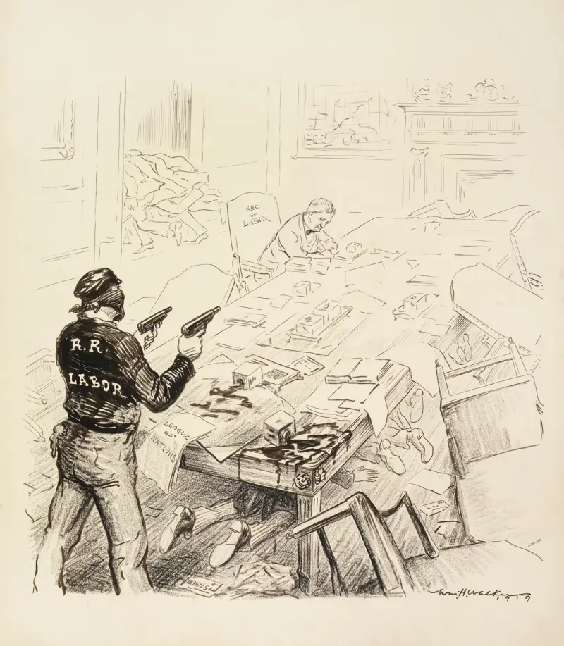 A bandit, representing railroad labor, attacks the cabinet office av William Henry Walker