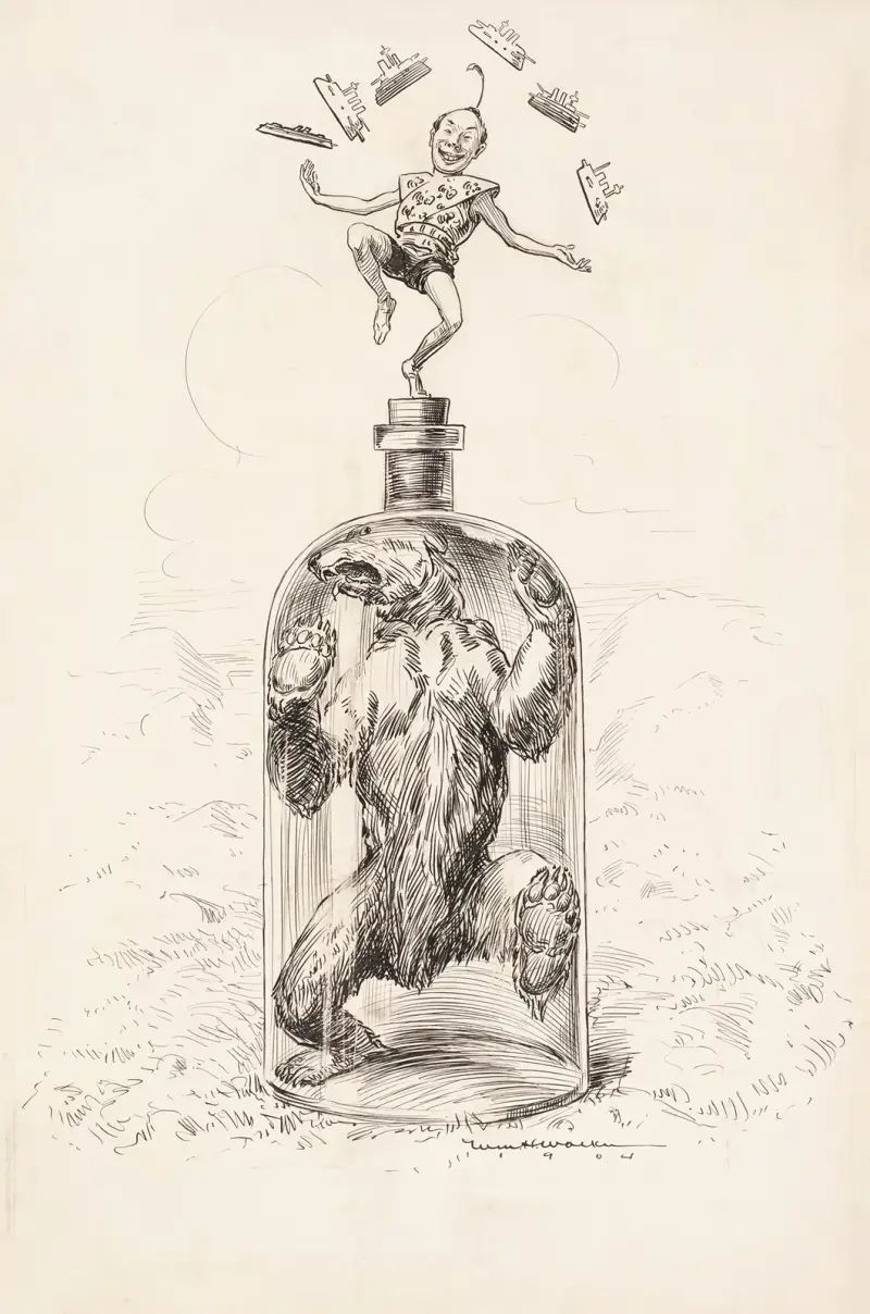 Ein Bär, der Russland repräsentiert, ist in einer Flasche gefangen, während ein kleiner Mann obenauf tanzt und Schiffe jongliert von William Henry Walker