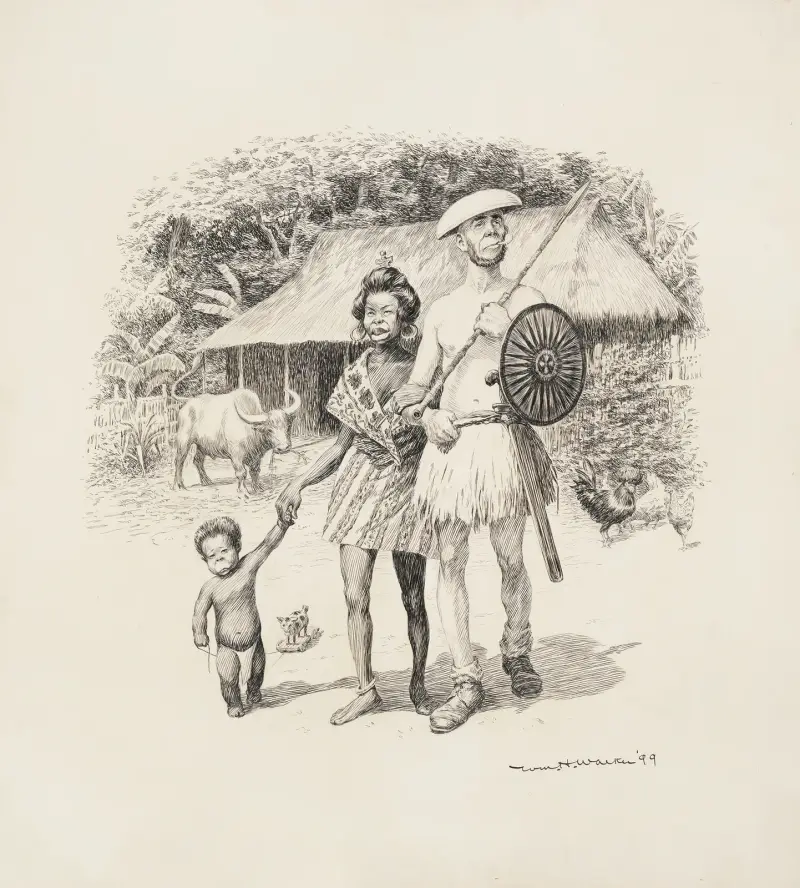 A black family stands before their hut and animals. av William Henry Walker