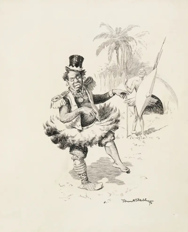 A black man in native dress laughs at another who has mixed native with Western dress. av William Henry Walker