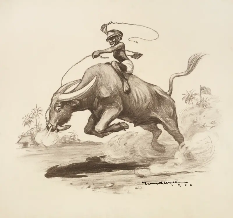 A black man rides a bucking water buffalo, which is tiring, while an American flag flies in the background. av William Henry Walker