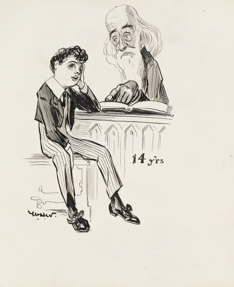 A boy at age 14, staring into space daydreaming while an old man tries to teach him from a book. av William Henry Walker