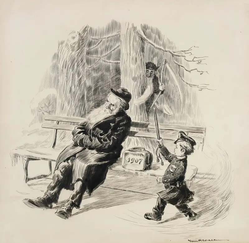 A boy dressed as a police officer, representing 1908, prepares to roust an old man (1907) who is sleeping on a bench. av William Henry Walker