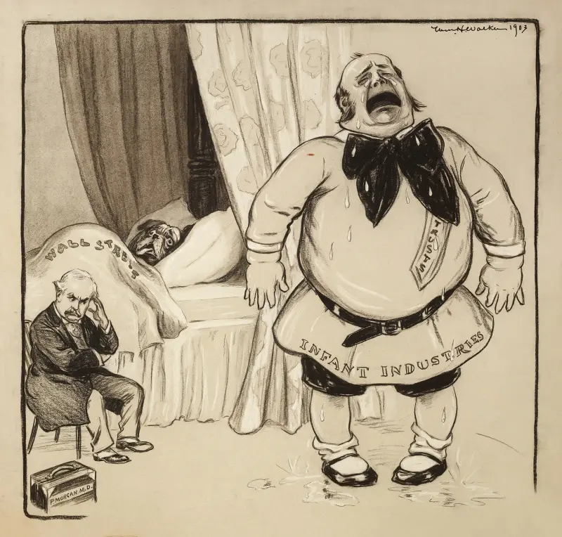 A bulldog representing Wall Street lies sick in bed, tended by J. Morgan represented as a doctor av William Henry Walker