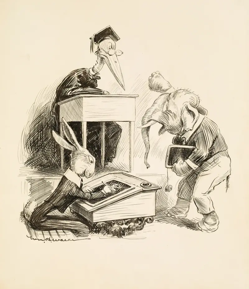 A classroom. The teacher, a stork, is angry at one of his students, an elephant av William Henry Walker