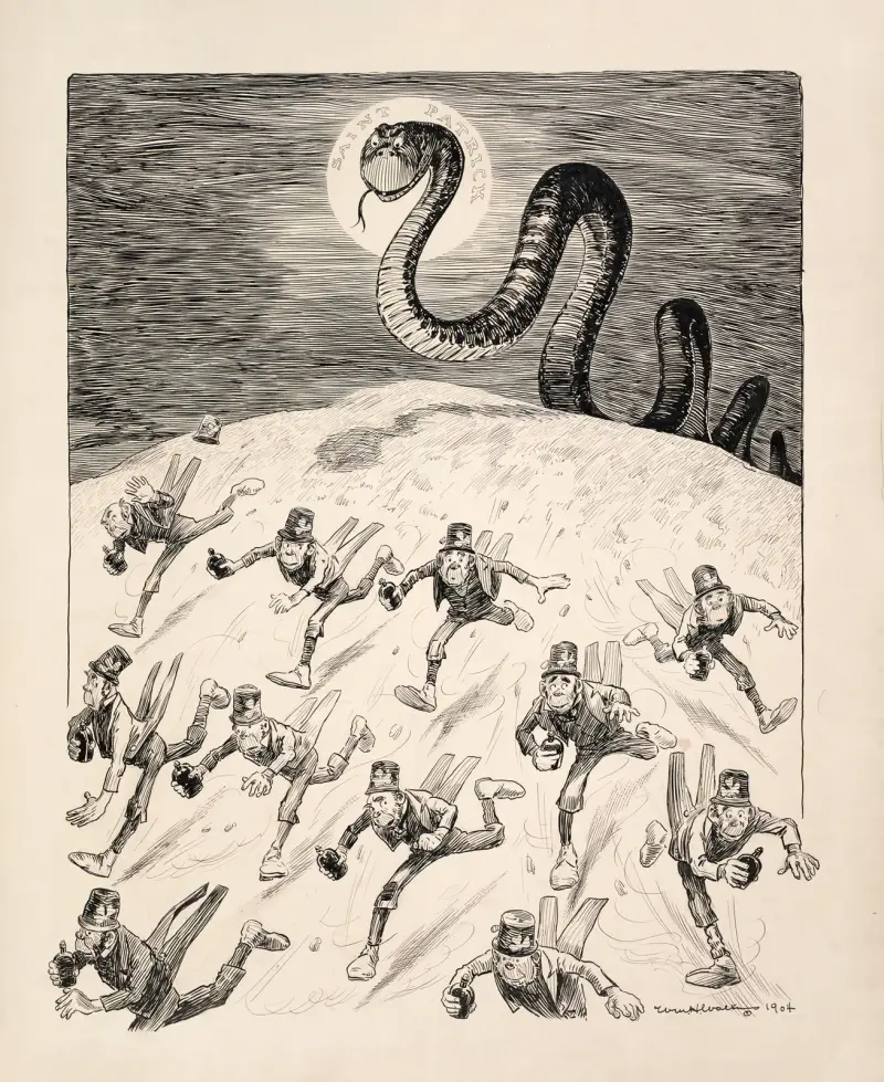 A crowd of leprechauns, each holding a bottle of alcohol, run from a large snake representing Saint Patrick and are chased out of Ireland av William Henry Walker