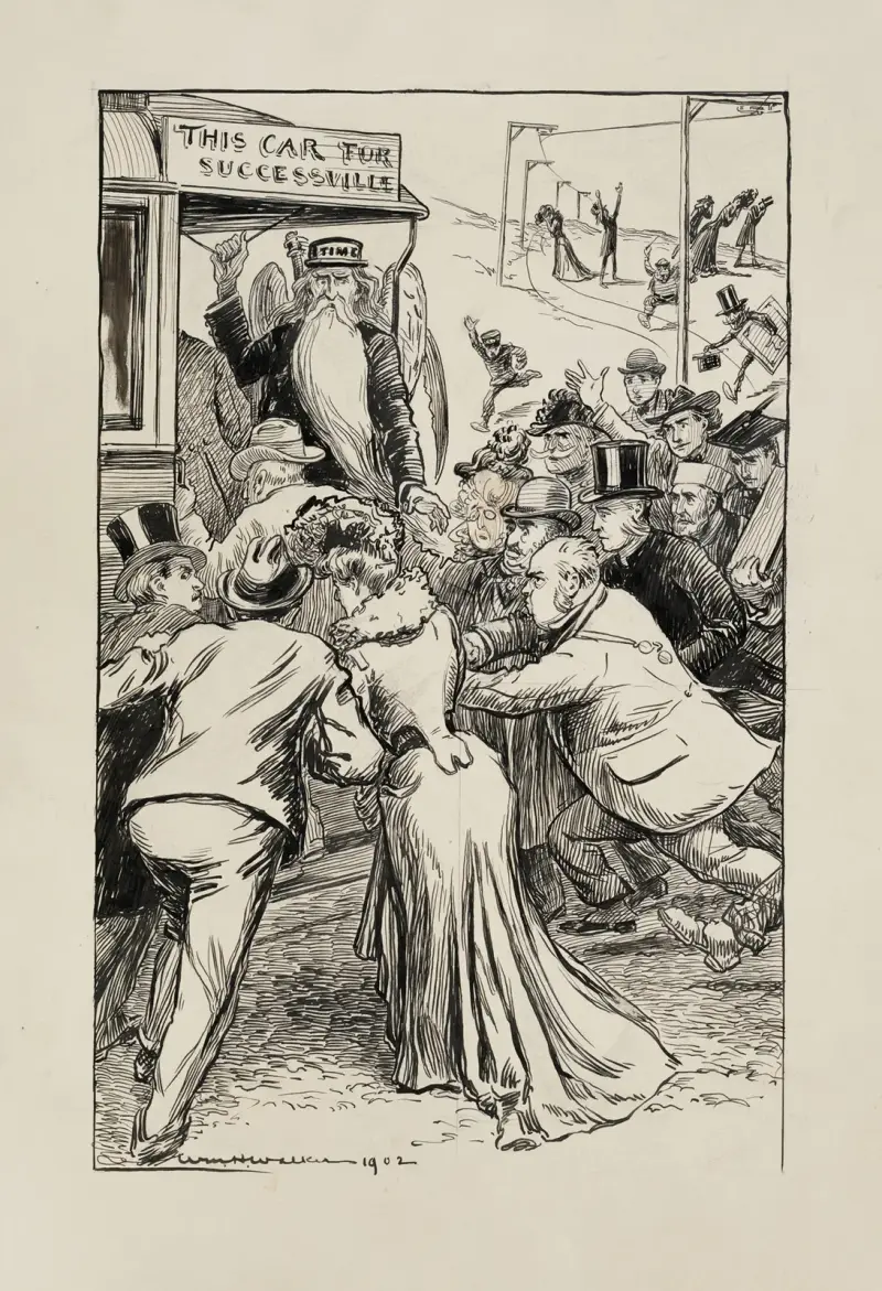 A crowd of wealthy men and women push to get on a train headed to ‘successville’ av William Henry Walker