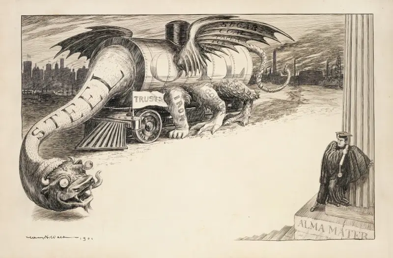 A dragon representing many trusts, with steel and oil as the biggest portions, threatens a 1901 college graduate av William Henry Walker
