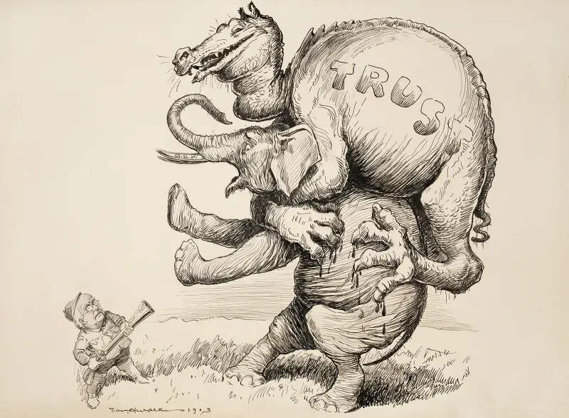 Ein Drache, der die Trusts repräsentiert, greift den Elefanten der Republikanischen Partei an, der sich auf die Hinterbeine stellt, um den Drachen abzuschütteln von William Henry Walker