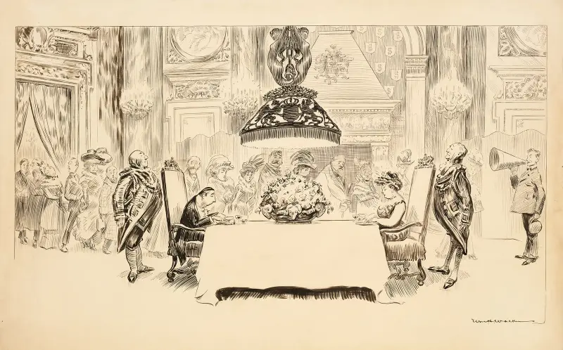 Ein elegantes Abendessen, bei dem nur zwei Gäste am Tisch sitzen und essen. Die übrigen stehen und sehen ihnen zu von William Henry Walker