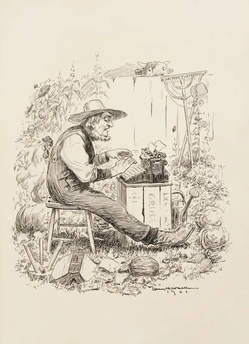 Ein Bauer sitzt auf seinem Feld und tippt auf einer Schreibmaschine, umgeben von seinen Feldfrüchten und Tieren, die ihn neugierig beobachten von William Henry Walker