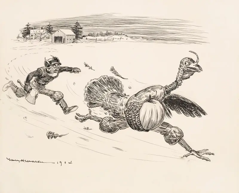 A farmer with an ax chases a giant turkey with a pumpkin under its wing. av William Henry Walker