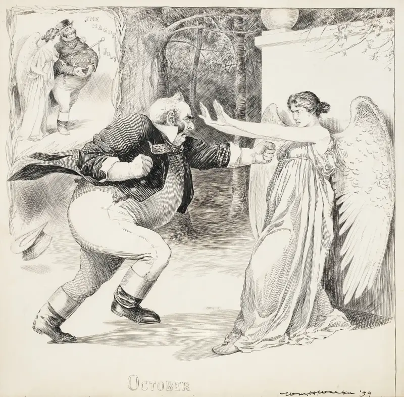A fat man attacks a female angel in October. He remembers her walking with him peacefully at The Hague in July. av William Henry Walker