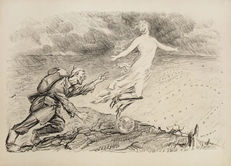 Eine Figur, die die Weltherrschaft verkörpert, verführt einen erschöpften preußischen Soldaten von William Henry Walker