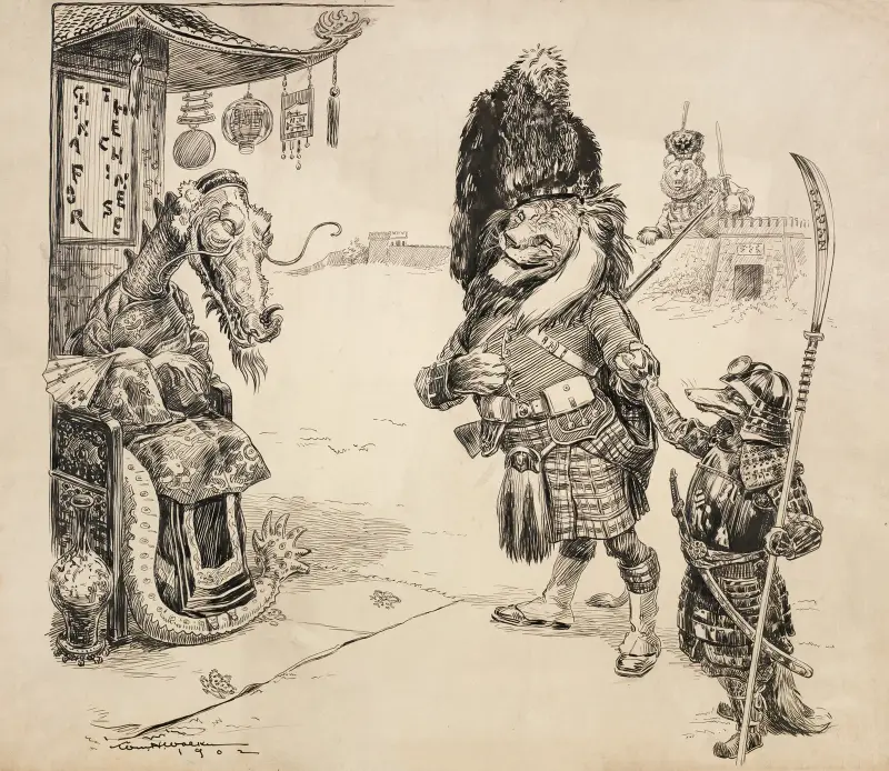 A fox (Japan) presents a lion (Great Britain) to a dragon (China) on a throne av William Henry Walker