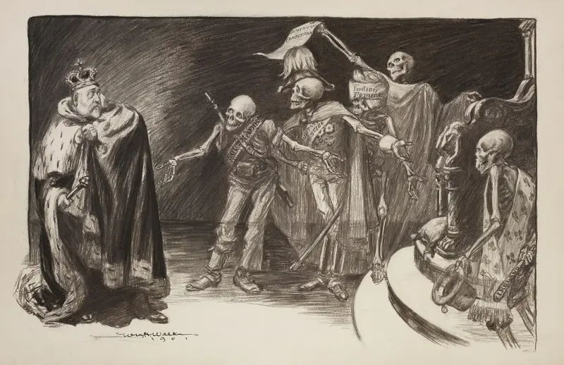 Ein erschrockener König, möglicherweise Großbritannien, wird von Skeletten bedroht von William Henry Walker