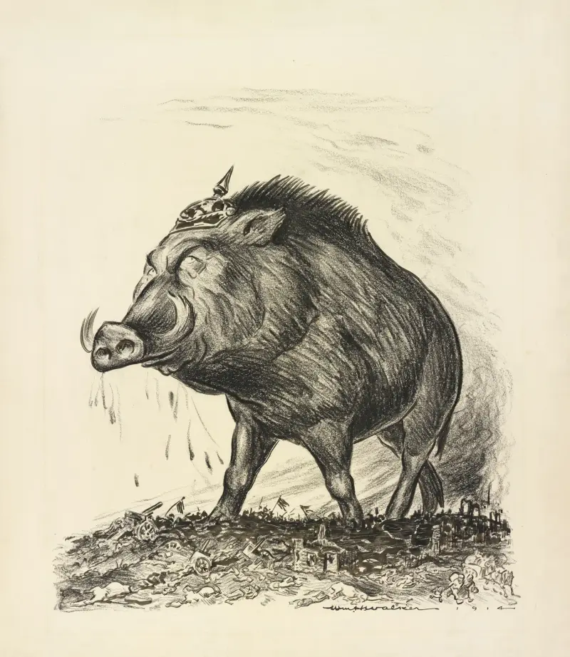 Ein riesiger Wildschwein mit preußischem Helm steht siegreich auf einem Schlachtfeld, das mit gefallenen Soldaten bedeckt ist von William Henry Walker