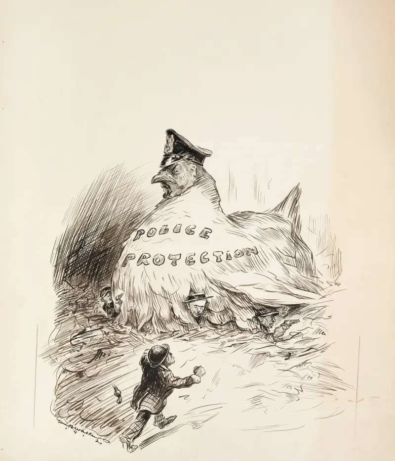 A giant hen representing police protection shelters several criminals under her wings av William Henry Walker