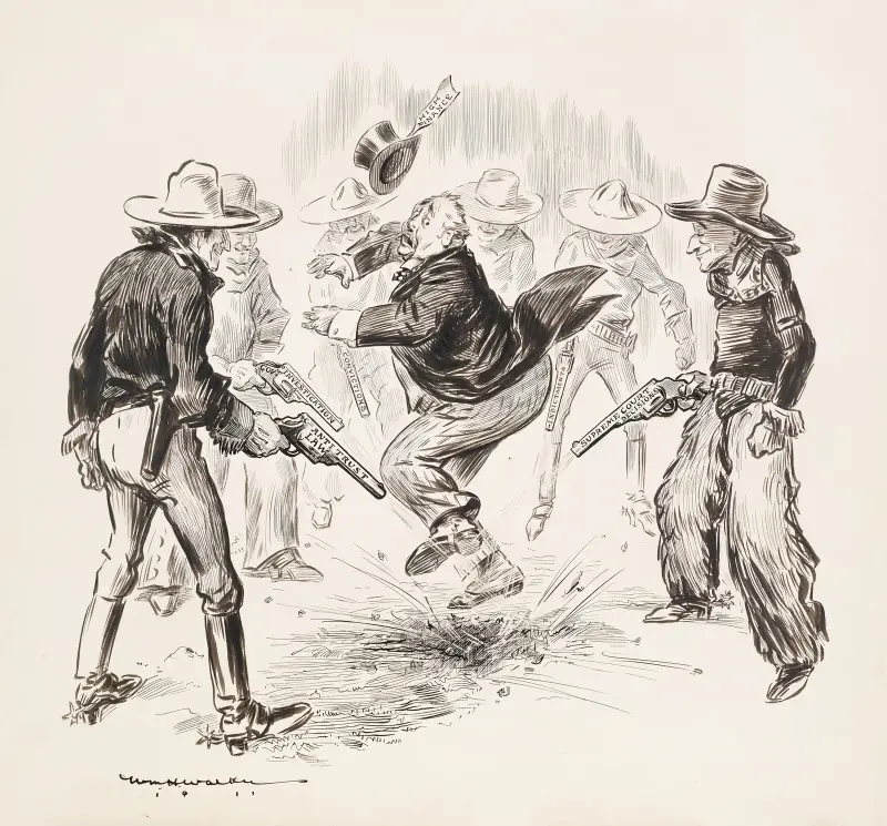 A group of cowboys surround a rich man representing high finance and fire their guns at his feet av William Henry Walker
