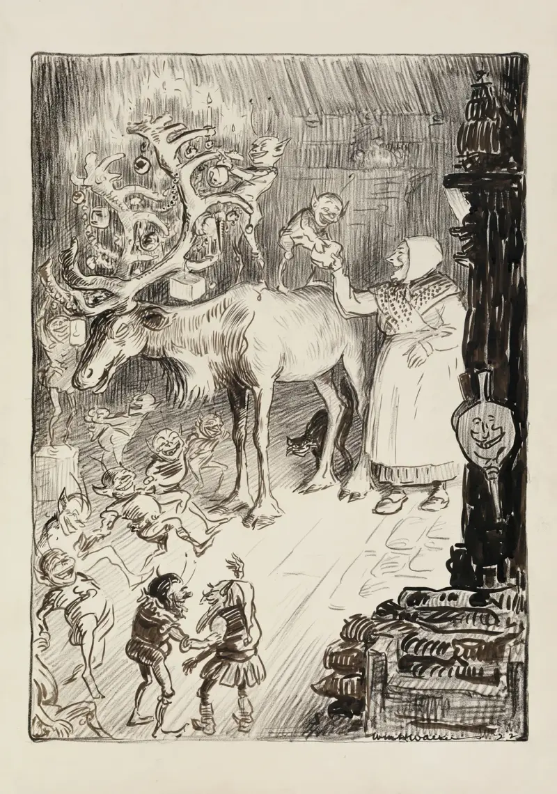 Eine Gruppe von Elfen schmückt das Geweih eines Rentiers mit Weihnachtsdekoration, unterstützt von einer lachenden Frau von William Henry Walker
