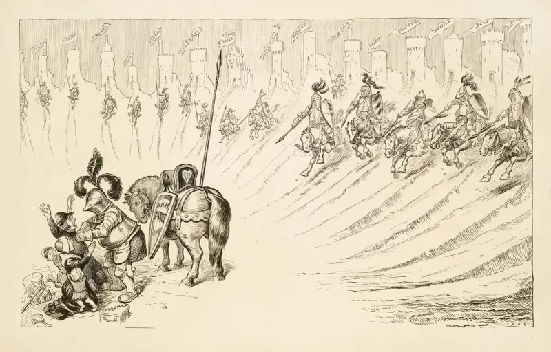 Eine Gruppe von Rittern reitet aus Burgen, die verschiedene Trusts repräsentieren, herbei, um eine Familie (die Konsumenten repräsentiert) vor einem Angreifer zu schützen von William Henry Walker