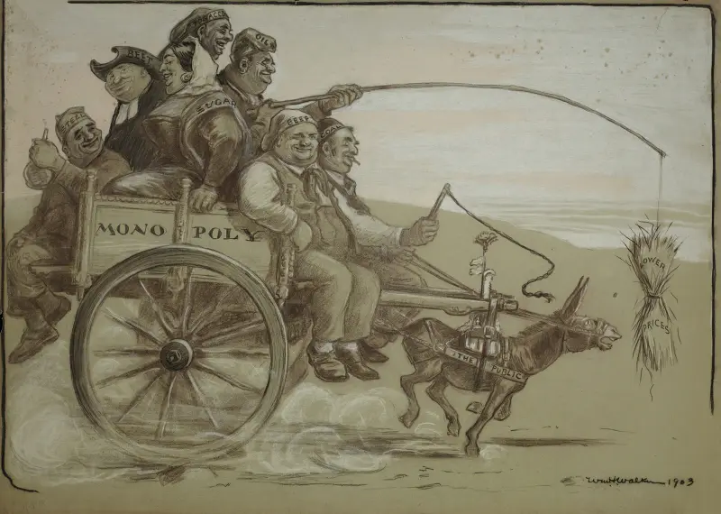 Eine Gruppe großer Leute, die verschiedene Trusts vertreten, fährt auf einem Wagen (Monopol), der von einem kleinen Esel (der Öffentlichkeit) gezogen wird von William Henry Walker